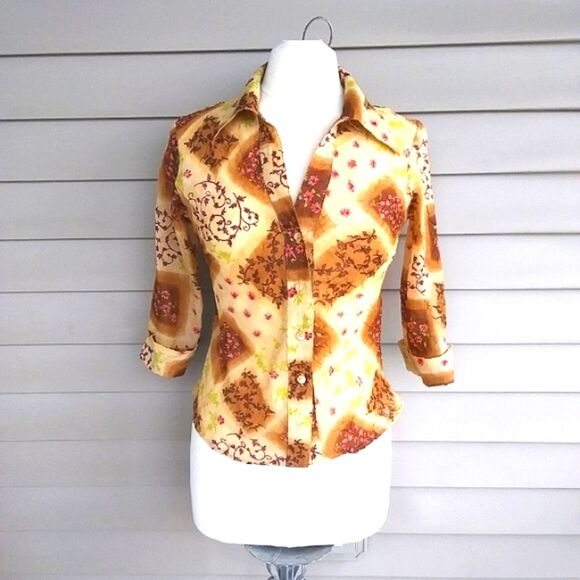 Blouse Chiffon Sheer Button Front 3/4 Length Sleeves Boho Patchwork Look… - Picture 16 of 16